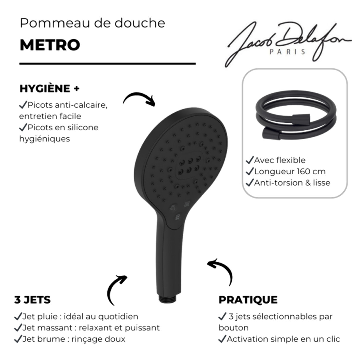 Pommeau de douche 3 jets JACOB DELAFON Metro signature + flexible