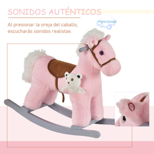 Caballito Balancín con Felpa con Osito de Peluche para Niños 18-36 Meses Caballo Mecedora Sonidos de Relincho y Galope Base de Madera Asiento 35 cm Carga 30 kg 65x26x55 cm Rosa