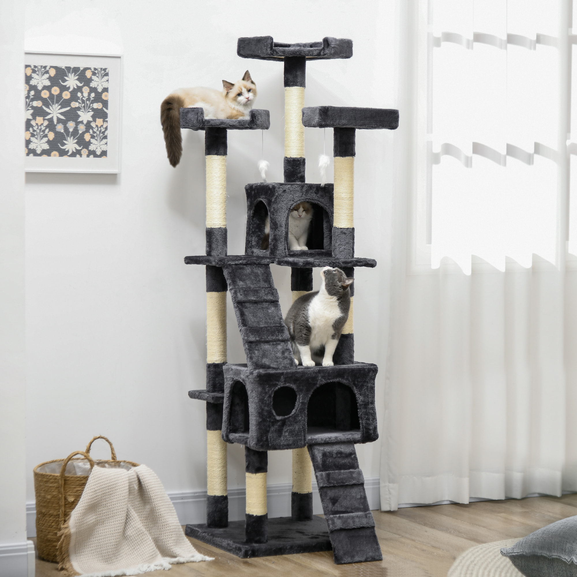 Árbol Rascador para Gatos Grande 49x49x173 cm con Múltiples Niveles con Cuevas Escaleras Juguetes Colgantes Camas Centro Actividades Sisal Beige