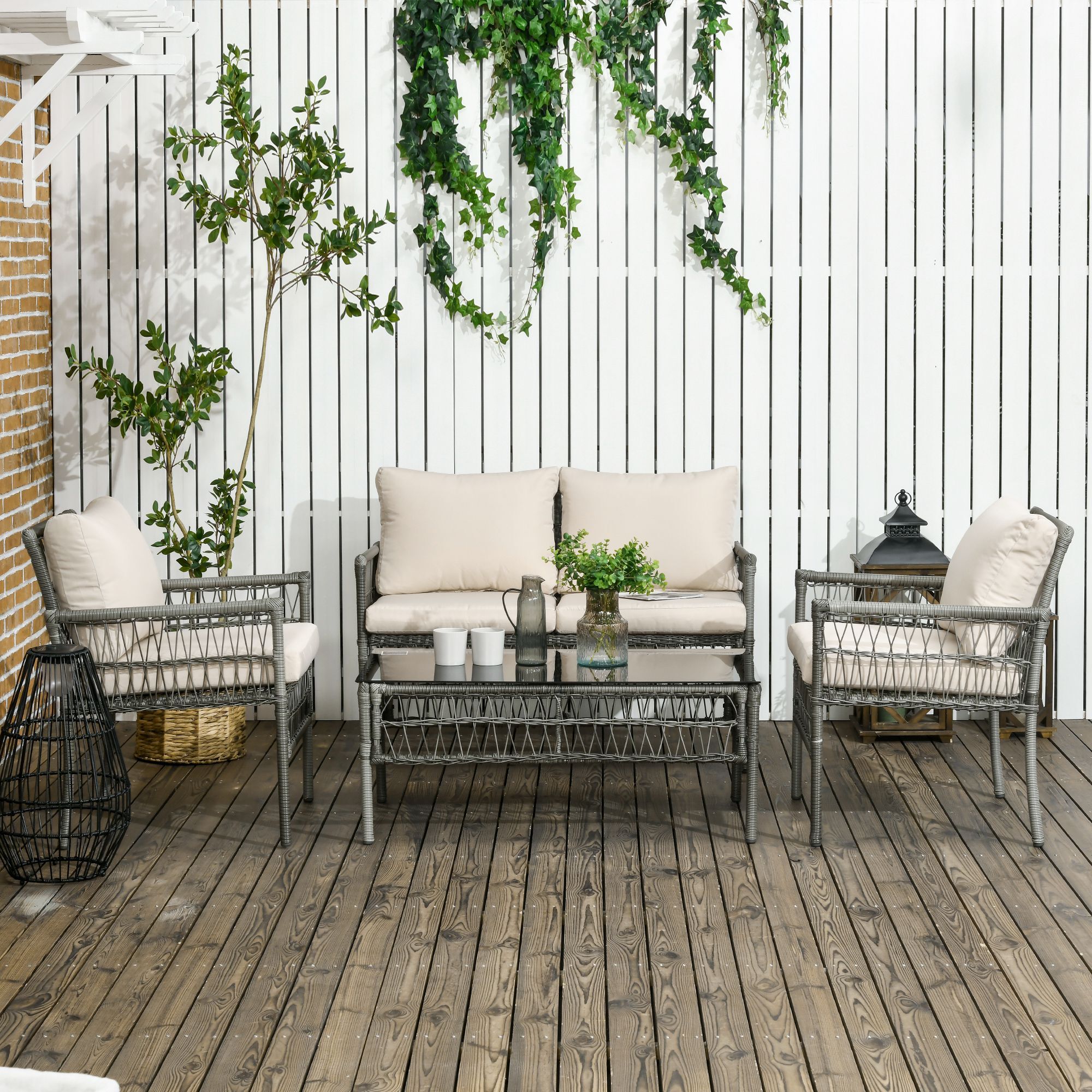 Ensemble salon de jardin 4 personnes 4 pièces - 8 coussins inclus - métal résine aspect rotin - beige gris