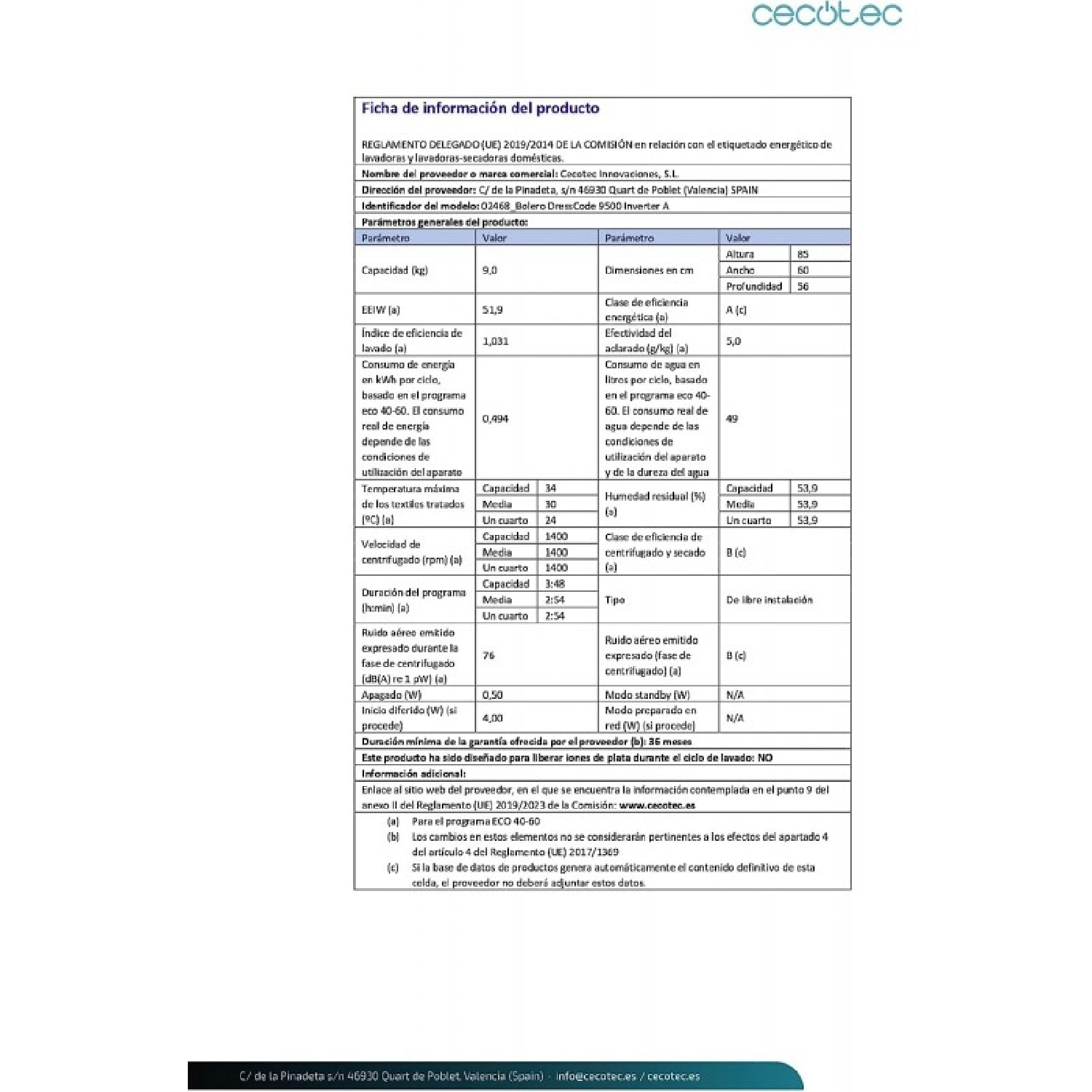 Cecotec Lavadora 9 Kg Carga Frontal