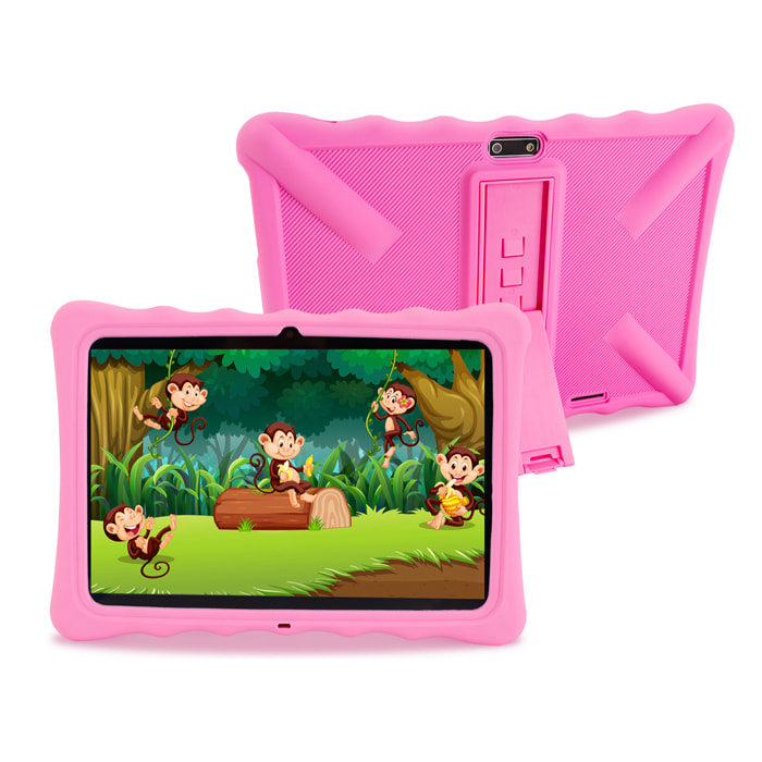 Tablet per bambini Wi-Fi. Sistema operativo Android 10 con IWAWA. Schermo 10.1'' 1280x800px. SC7731E, ARM Cortex™-A7 quad-core, 1,3 Ghz, 2 GB di RAM + 32 GB. Doppia fotocamera, custodia protettiva.