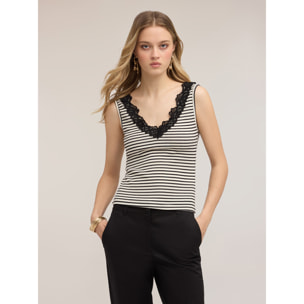 Motivi - Top a righe con bordo in pizzo - Nero