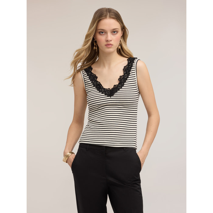 Motivi - Top a righe con bordo in pizzo - Nero