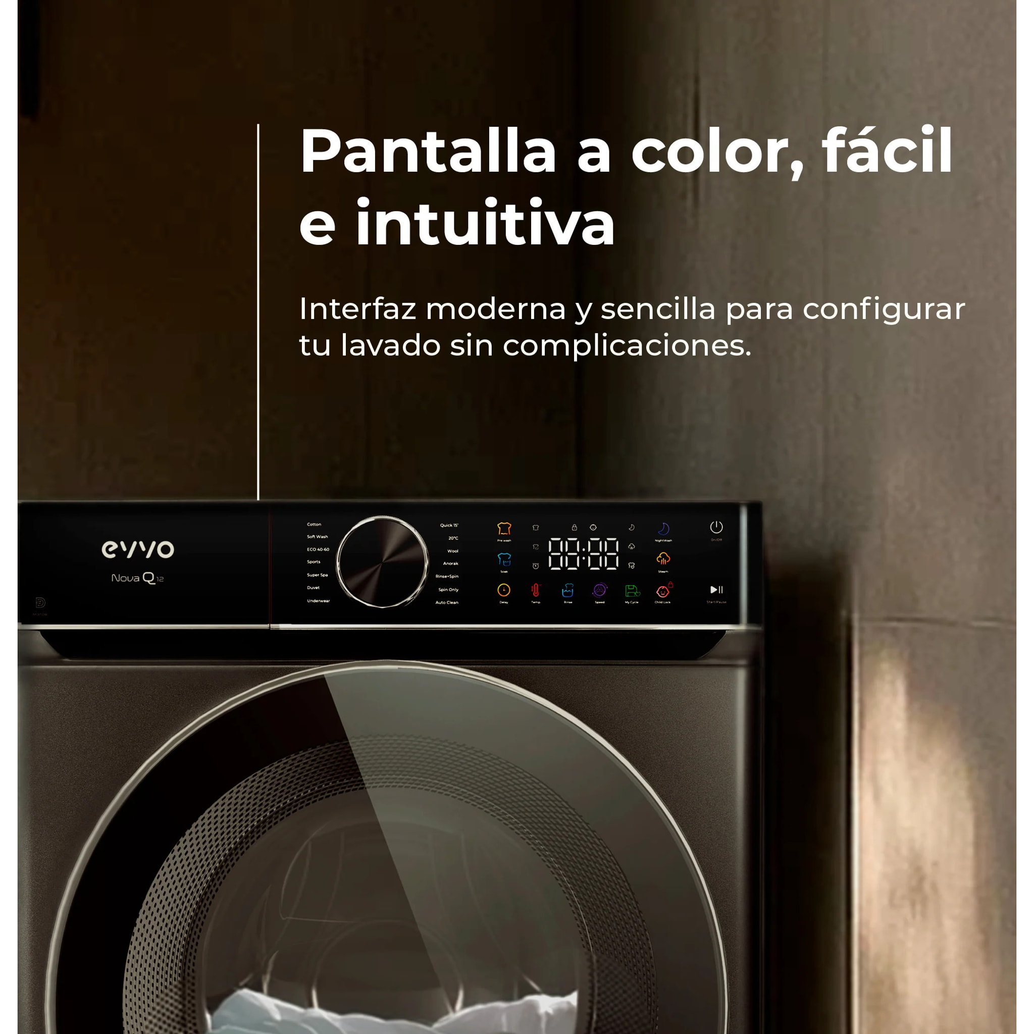 EVVO Lavadora 10 kg Nova Q10x, 1400 rpm, Clase A, Motor Inverter eDRIVE, 14 programas, vapor Steam Wash, lavado rápido 15', inox
