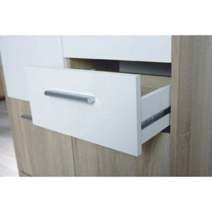 Credenza a tre ante e due cassetti, colore bianco e rovere, Misure 77 x 77 x 30 cm