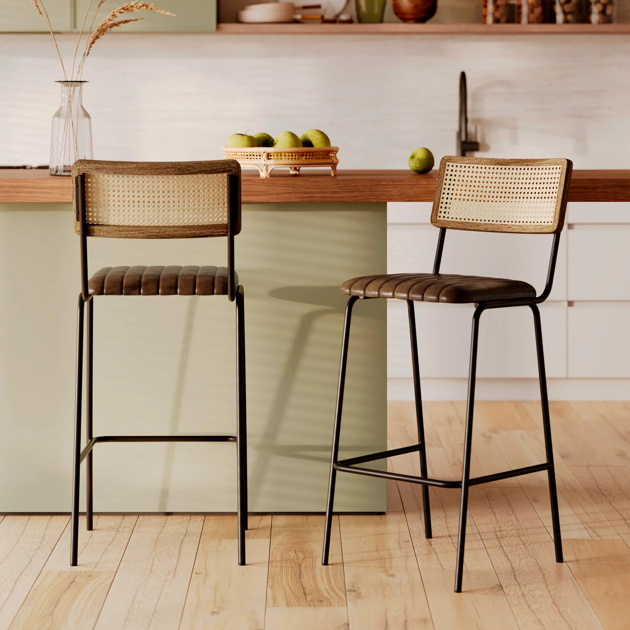Lot de 2 chaises de bar 76 cm en cannage et cuir marron - Arsène