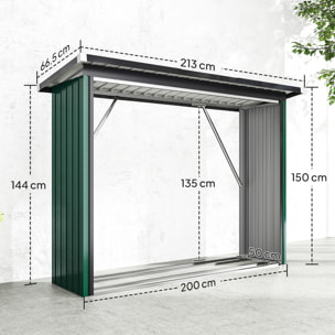 Casetilla para Leña de Acero Galvanizado, Cobertizo Leñero Exterior de Almacenamiento de Troncos, con Base Elevada y Techo Inclinado, 213x66,5x150 cm, Verde