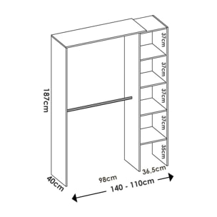 Guardaroba Makalu, Struttura per cabina armadio, Mobile appendiabiti aperto, 140x40h187 cm, Bianco