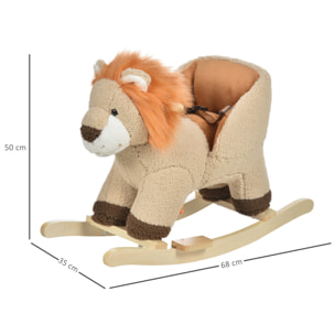 Cheval à bascule modèle lion fonction musicale selle grand confort peluche courte douce bois peuplier marron dim. 68L x 35l x 50H cm