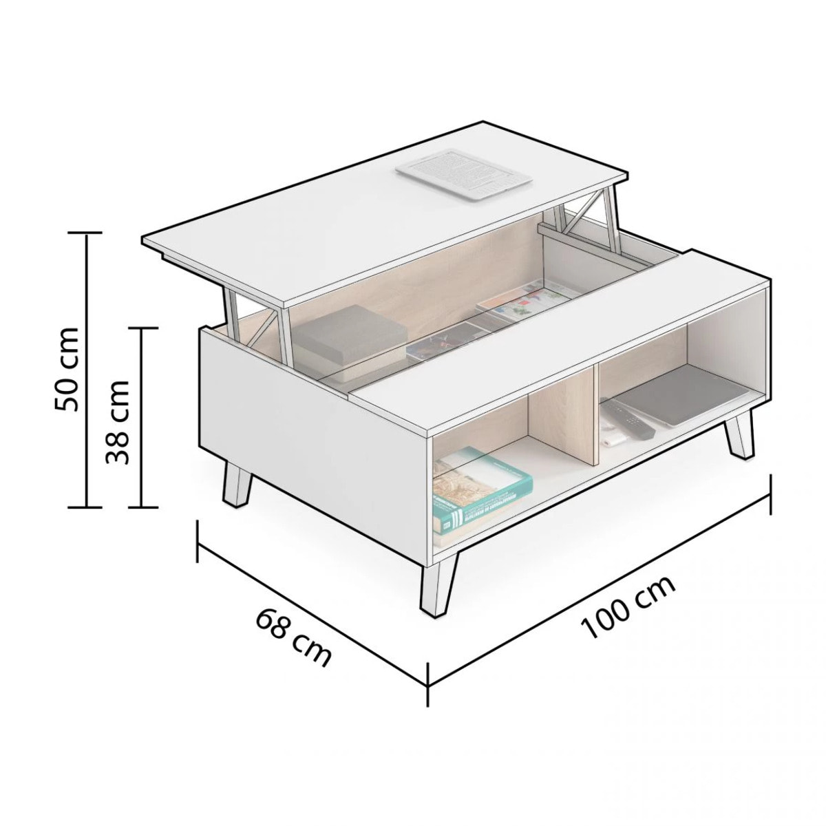 Mesa de centro elevable Niva Blanco Brillo - Roble Canadian