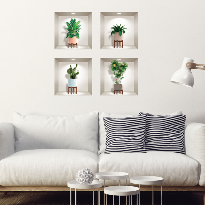 Stickers muraux 3D | Sticker Mural Autocollant effet 3D plantes et vases scandinaves - Stickers adhésifs 3D Chambre Salon Trompe l'oeil