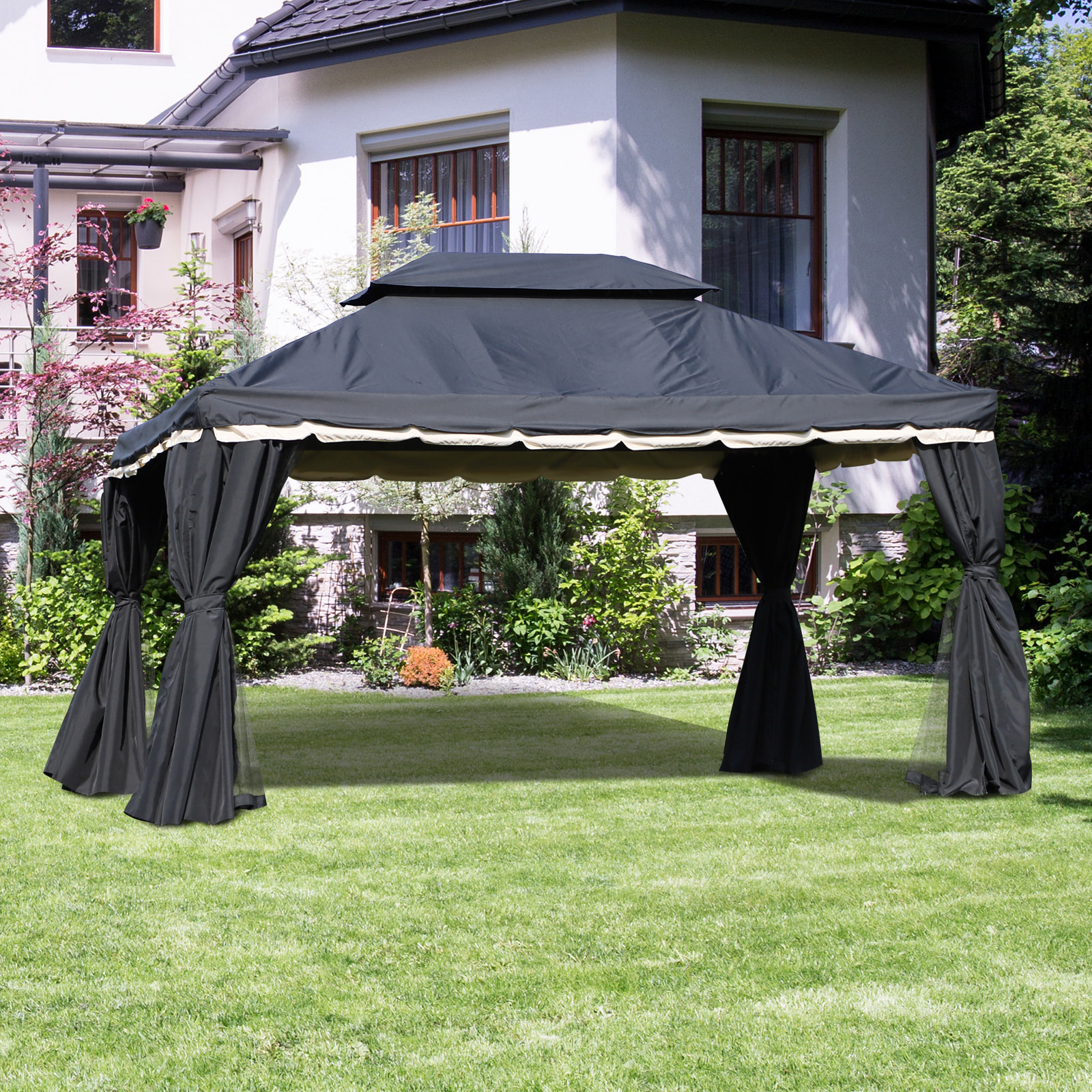 Tonnelle barnum pavillon de jardin style colonial double toit toile moustiquaires et toiles amovibles 3,9L x 2,9l x 2,8H m noir