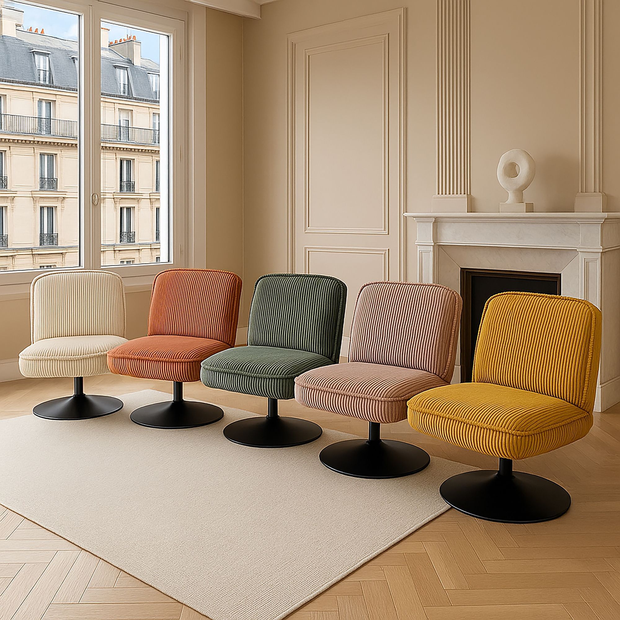 Fauteuil pivotant en velours beige et pied en métal noir FUNKY