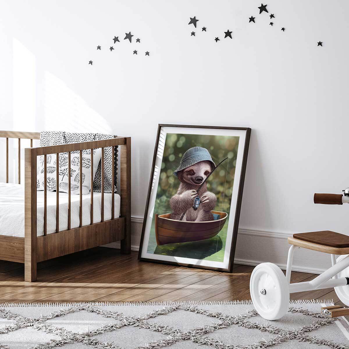 Affiche enfant paresseux à la pêche  Affiche sous cadre noir