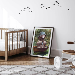 Affiche enfant paresseux à la pêche  Affiche sous cadre noir