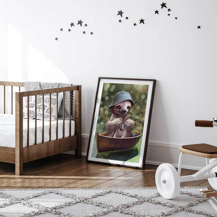 Affiche enfant paresseux à la pêche  Affiche sous cadre noir