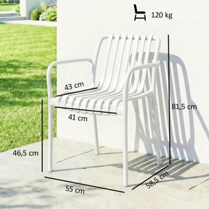 Juego de 4 Sillas de Jardín Exterior Apilables, Sillas Terraza Exterior de PP con Respaldo Curvado, Asiento de Listones, Reposabrazos, 55x58,5x81,5 cm, Blanco