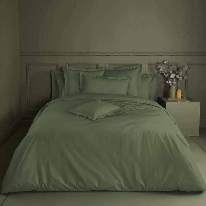 Housse de couette percale de coton uni vert Olana kaki