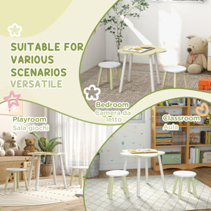 ZONEKIZ Set Tavolo e Sedie per Bambini 2-5 Anni, 3 pezzi in MDF e Legno di Pino con Design a Fiori, Giallo e Bianco