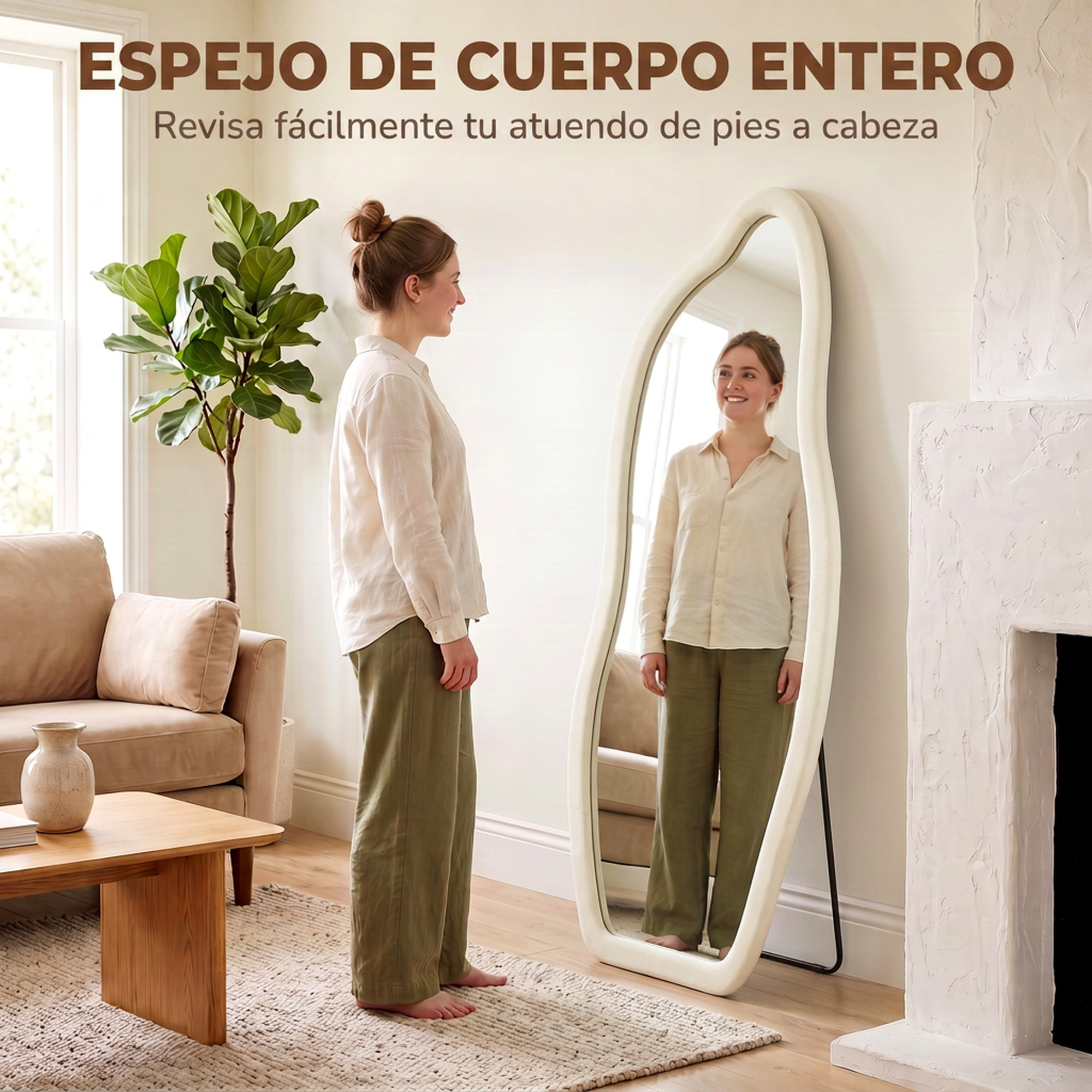 Espejo de Cuerpo Entero, 160x60 cm, Espejo de Pie, Marco Arqueado Aterciopelado, Independiente, Apoyado y de Pared, para Dormitorio, Salón, Vestidor, Crema