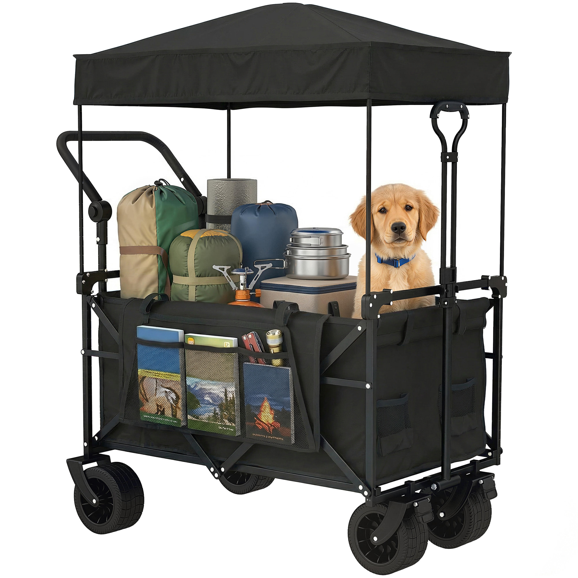 Carro Playa con Ruedas Grandes con Freno, Techo Extraíble, Carro Plegable para Jardín con Barra Ajustable, Portavasos y Bolsillos, Carga 100 kg, para Todo Terreno, Campaña, Compras, Negro