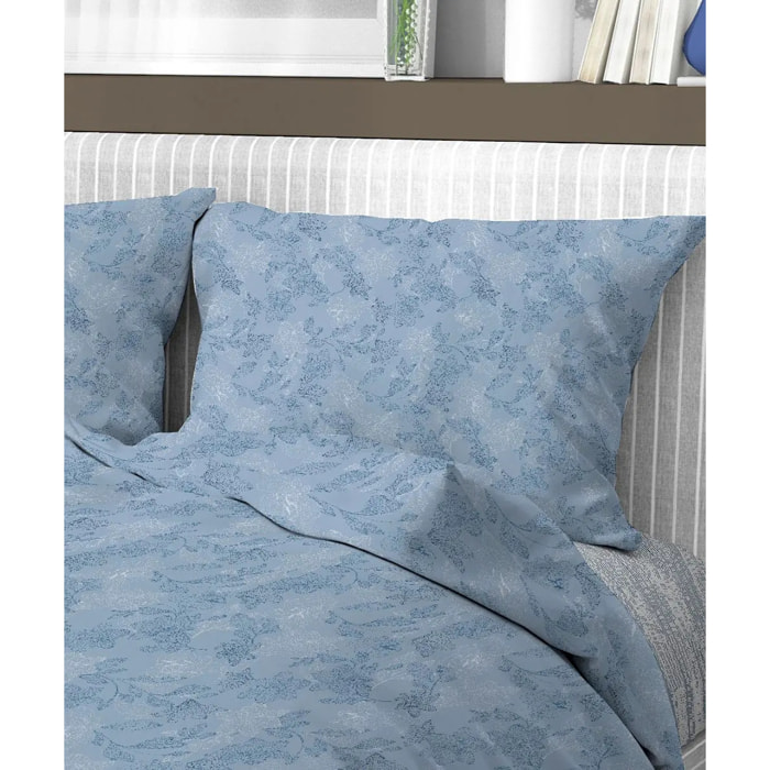 Parure Copripiumino Lily Blu per letto singolo in 100% Cotone e Made in Italy, moderno floreale