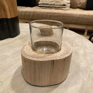 Photophore en verre avec base en teck