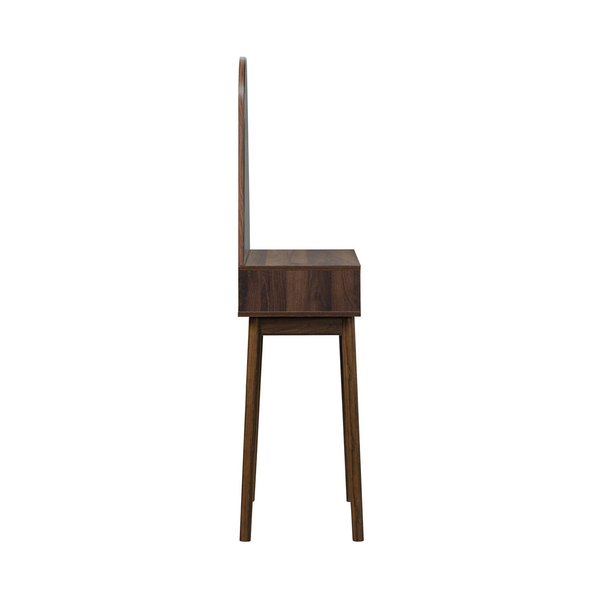 Coiffeuse décor bois LINEAR miroir arrondi 1 tiroir 60 cm. façade striée. Noyer