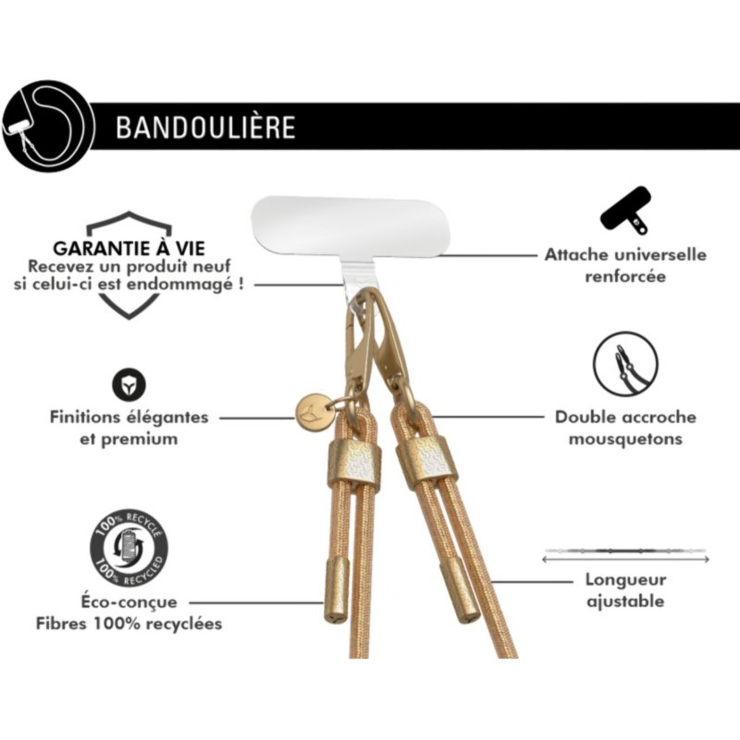 Cordon téléphone FORCE CASE Cordon Paillette champagne