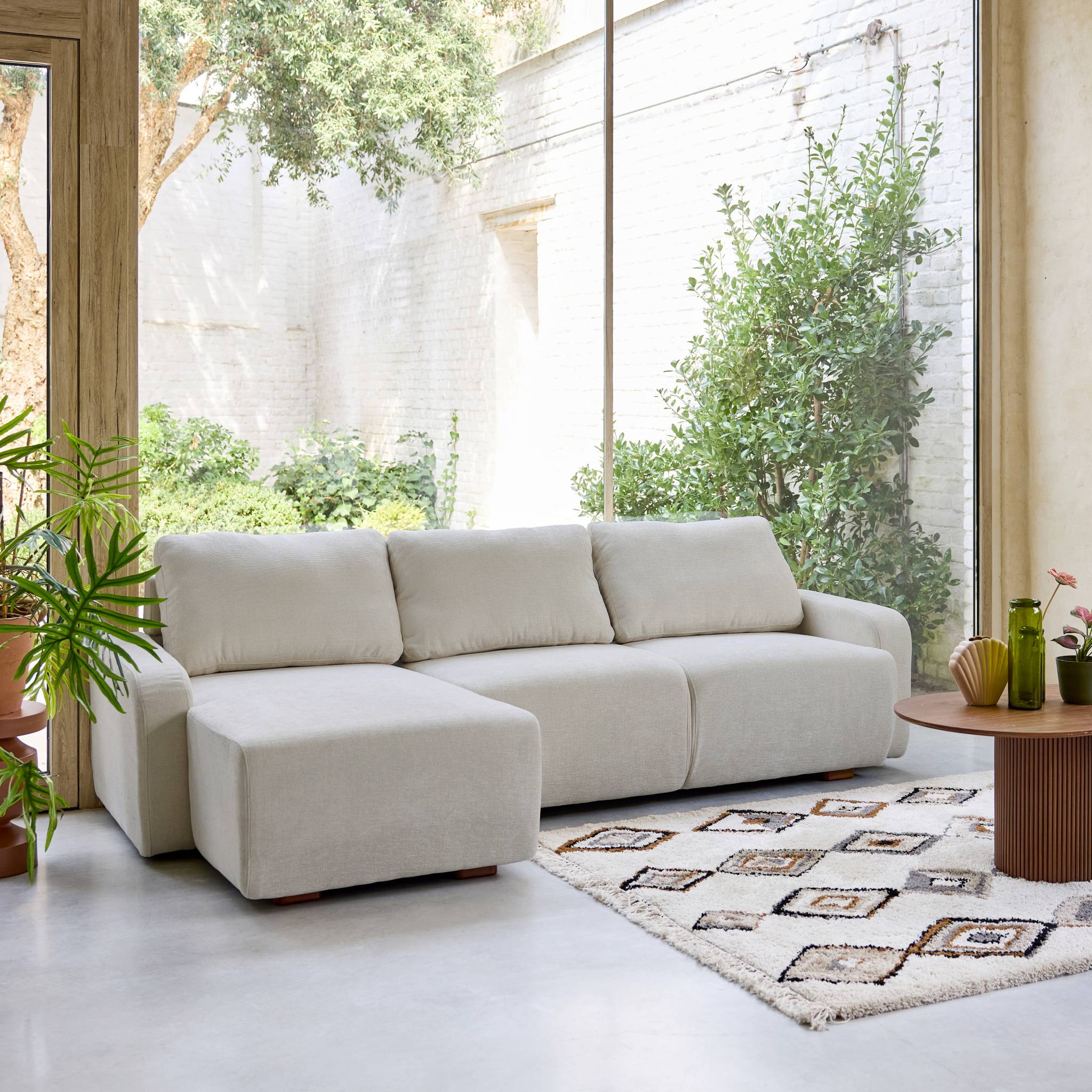 Canapé d'angle gauche 3 places tissu gris clair L 260 x P 88 / 139cm / x H 87cm - Dany