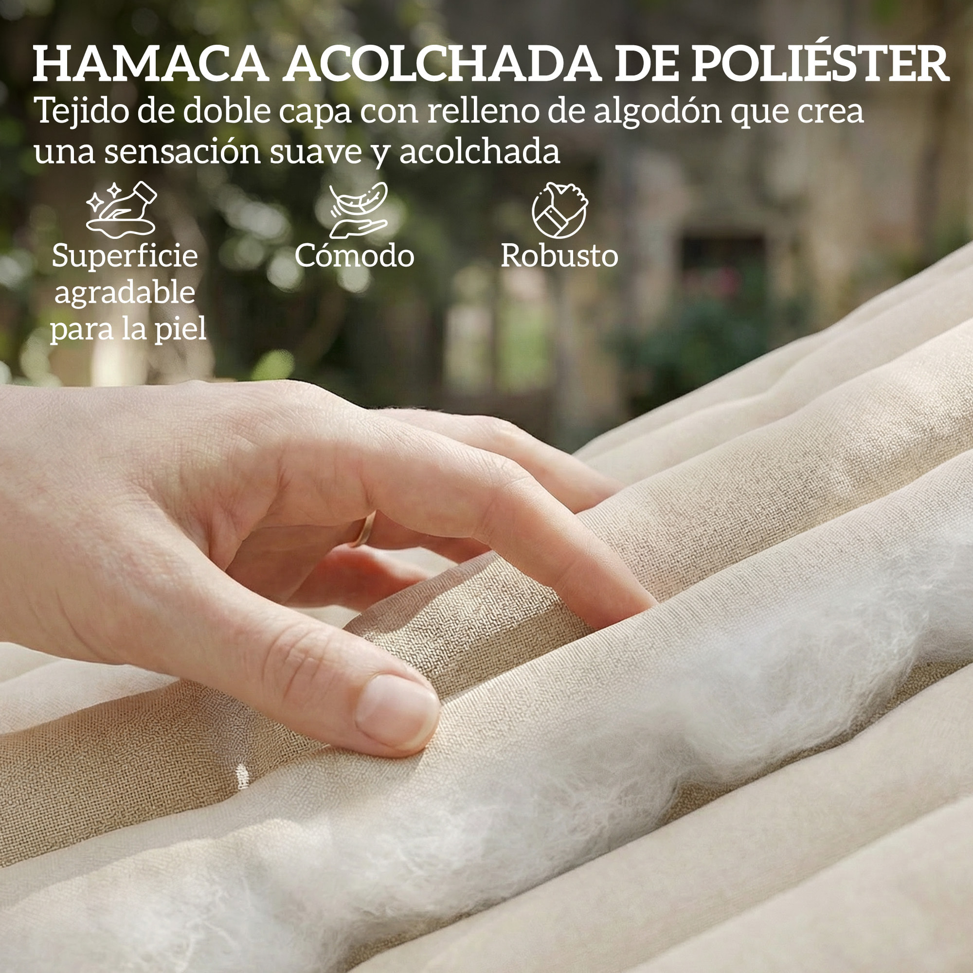 Hamaca Acolchada, Hamaca de Jardín Portátil con Almohada Desmontable, Bolsillo para Revistas, Barras Curvadas de Madera, Carga 200 kg, para Patio, Terraza, 325x140 cm, Crema