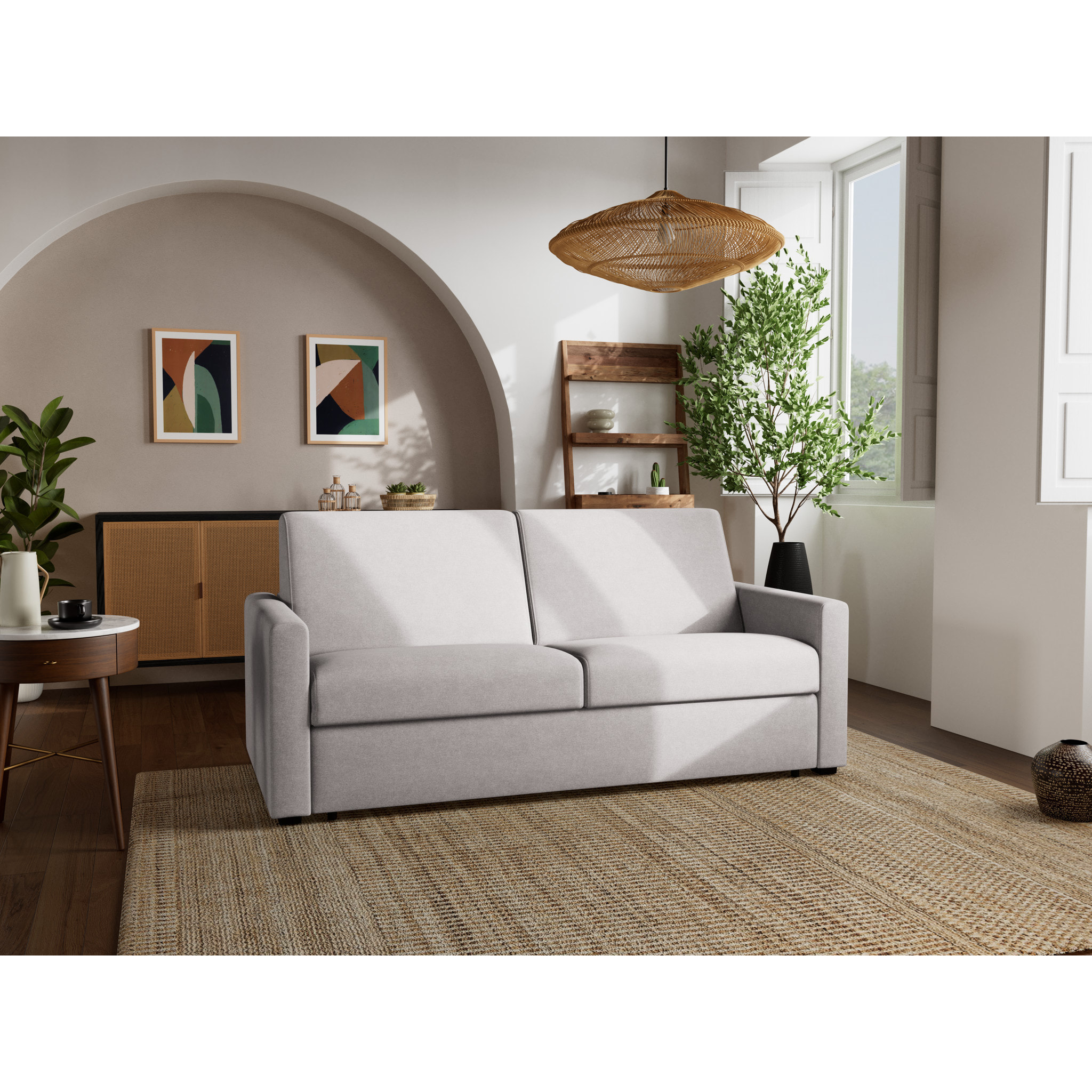 Julia - canapé 3 places convertible couchage quotidien matelas 14 cm en tissu - Gris clair