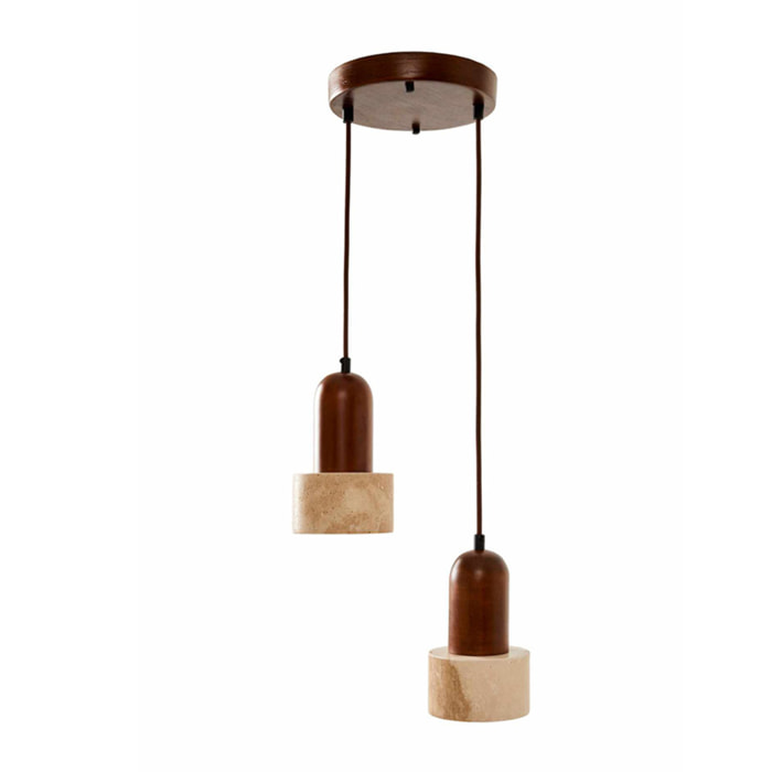 Suspension design 2 spots en travertin et effet bois noyer TIVOLI