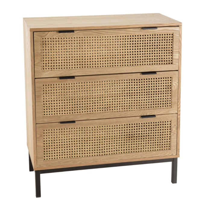 MARCEAU - Commode 3 tiroirs cannage naturel pieds métal noir