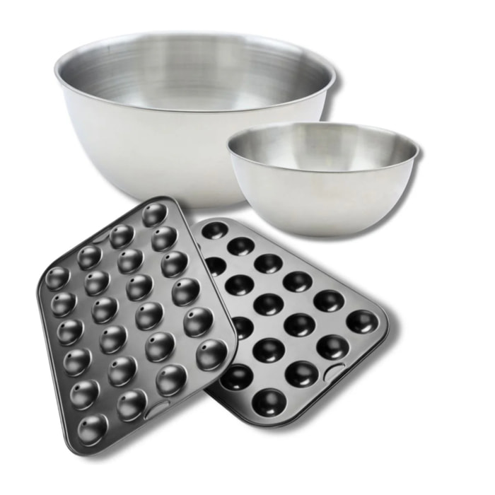 Ensemble avec 1 Moule pop cake 24 empreintes et 48 bâtonnets, 1 spatule Zenker et 2 bols à mixer en inox Fackelmann