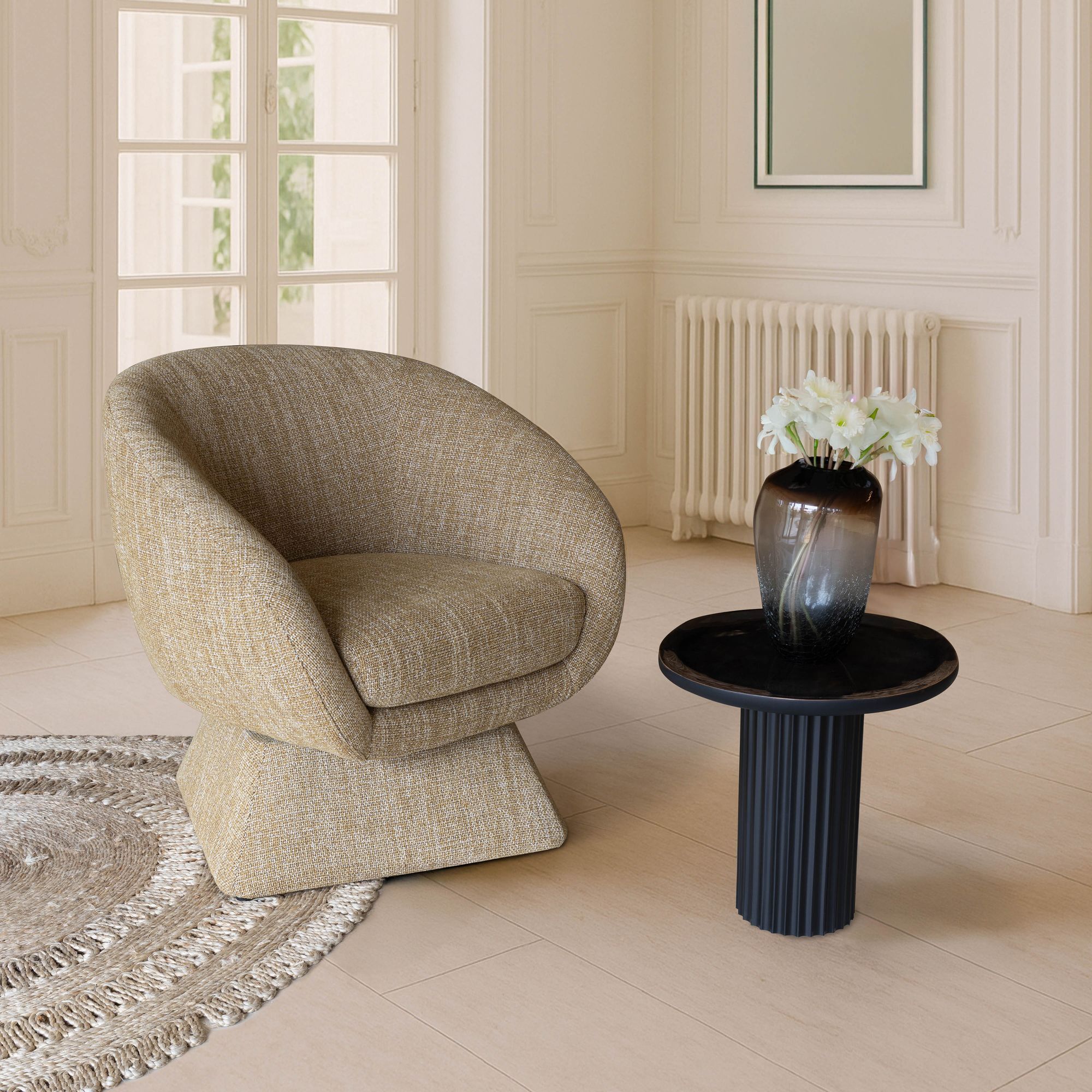 Fauteuil pivotant en tissu tweed ocre chiné SIXTIES