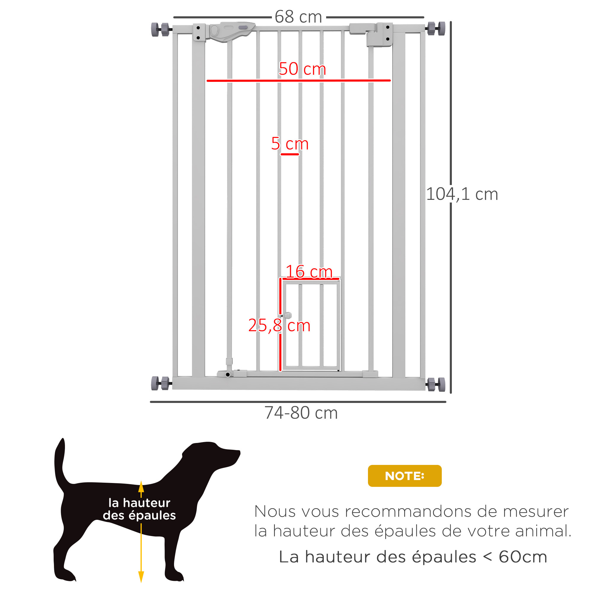 Barrière de sécurité animaux - longueur réglable dim. 74-80 cm - porte double verrouillage, ouverture double sens, petite porte -sans perçage - acier plastique blanc