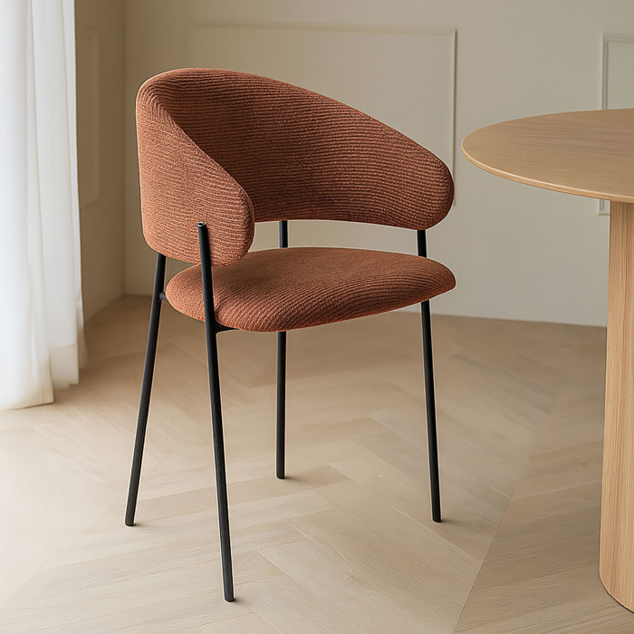 Lot de 2 fauteuils de table en tissu terracotta et pieds en métal noir EROS