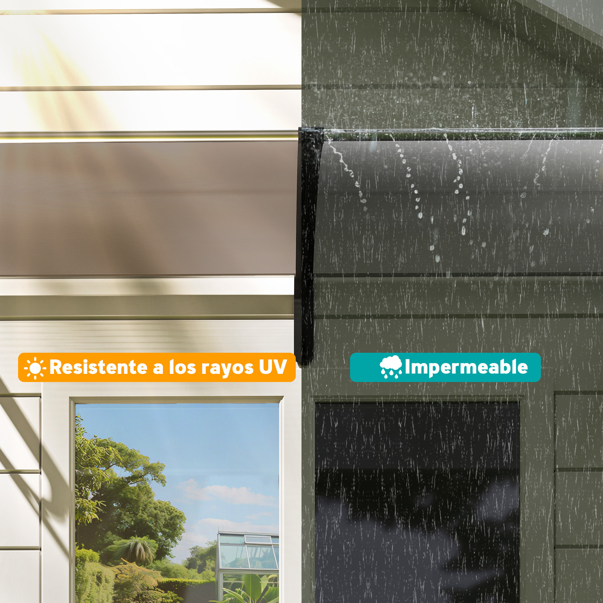 Marquesinas Exterior para Puertas y Ventanas, 195x75 cm, Tejadillo de Protección contra Sol y Lluvia, con Cubierta de Policarbonato, Soporte de Aleación de Aluminio, Marrón