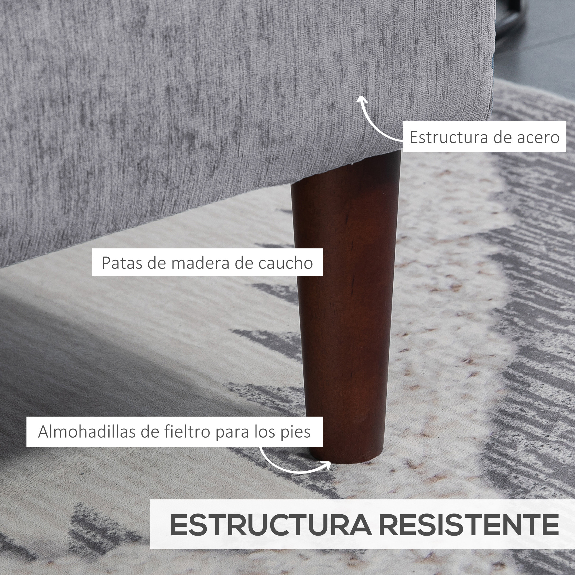 Sofá Esquinero de 3 Plazas Tapizado en Chenilla, Sofá Chaise Longue en Forma de L con Patas de Madera y Reposabrazos, Estilo Moderno, para Salón, 215x142x88 cm, Gris