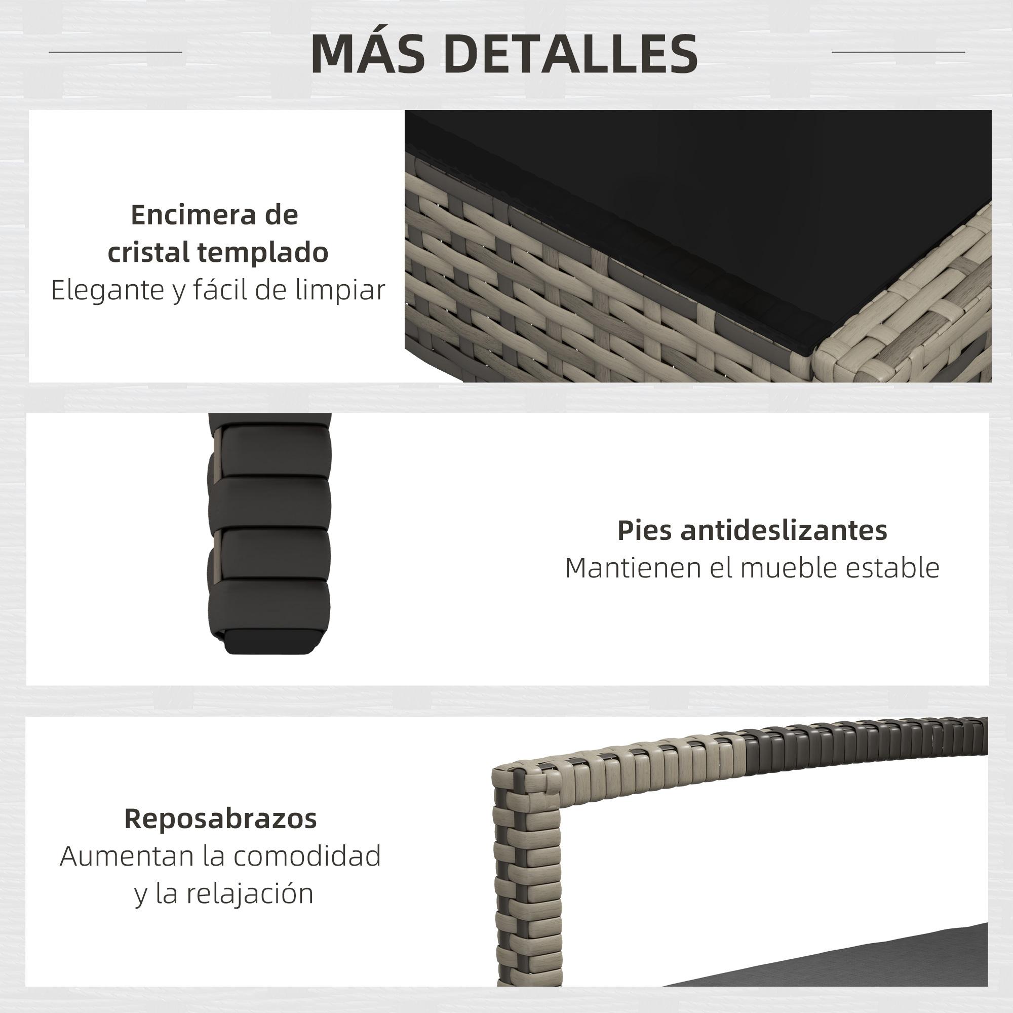 Conjunto de Jardín de Ratán Sintético Juego de 4 Piezas Muebles de Jardín con 2 Sillones 1 Sofá de 2 Plazas y 1 Mesa de Centro de Tablero de Vidrio para Patio Gris