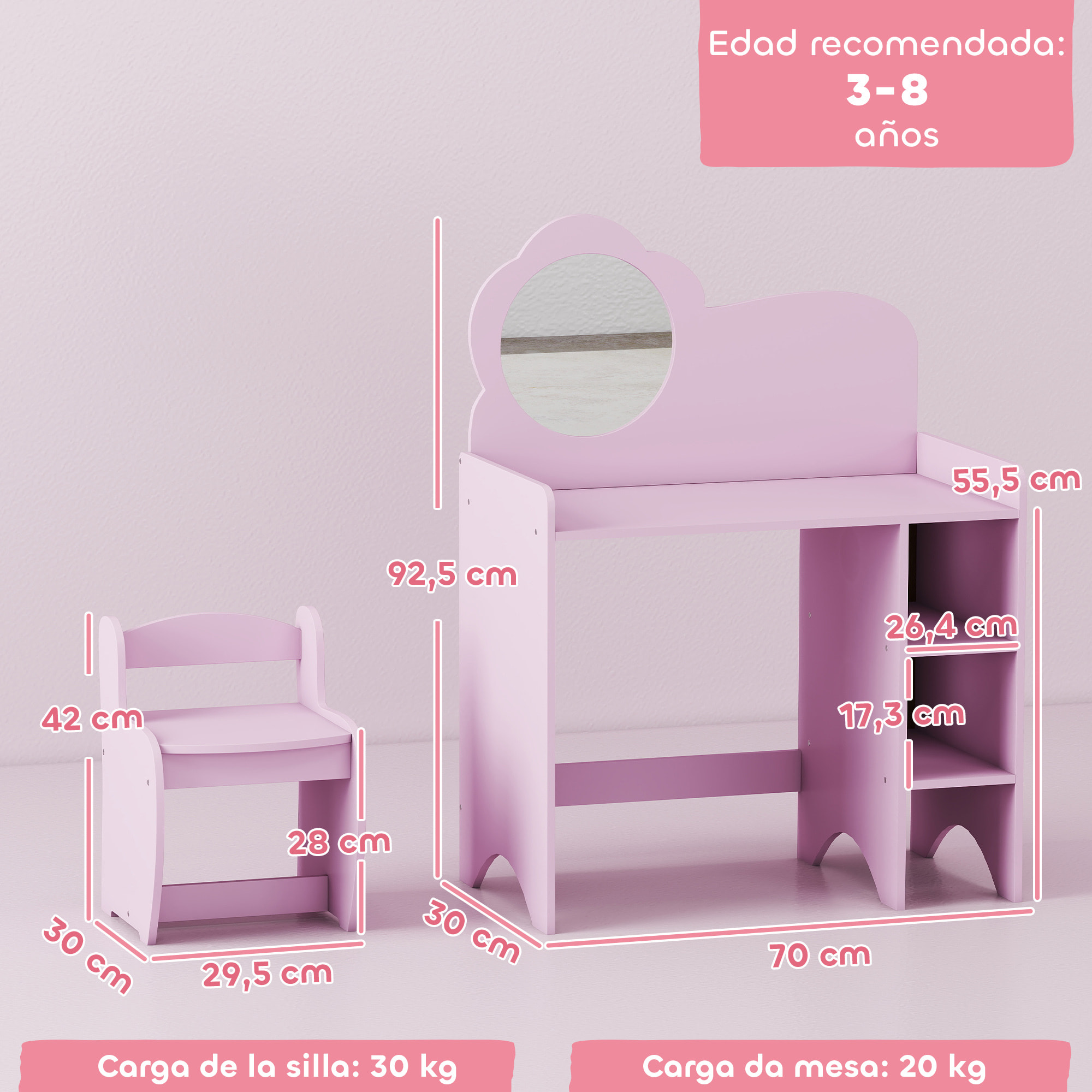 Tocador de Maquillaje Niña, 2 en 1, Escritorio, Tocador Infantil con Taburete, Espejo en Forma de Flor, Estantes Abiertos, para Niños +3 Años, Morado