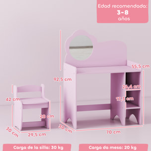 Tocador de Maquillaje Niña, 2 en 1, Escritorio, Tocador Infantil con Taburete, Espejo en Forma de Flor, Estantes Abiertos, para Niños +3 Años, Morado