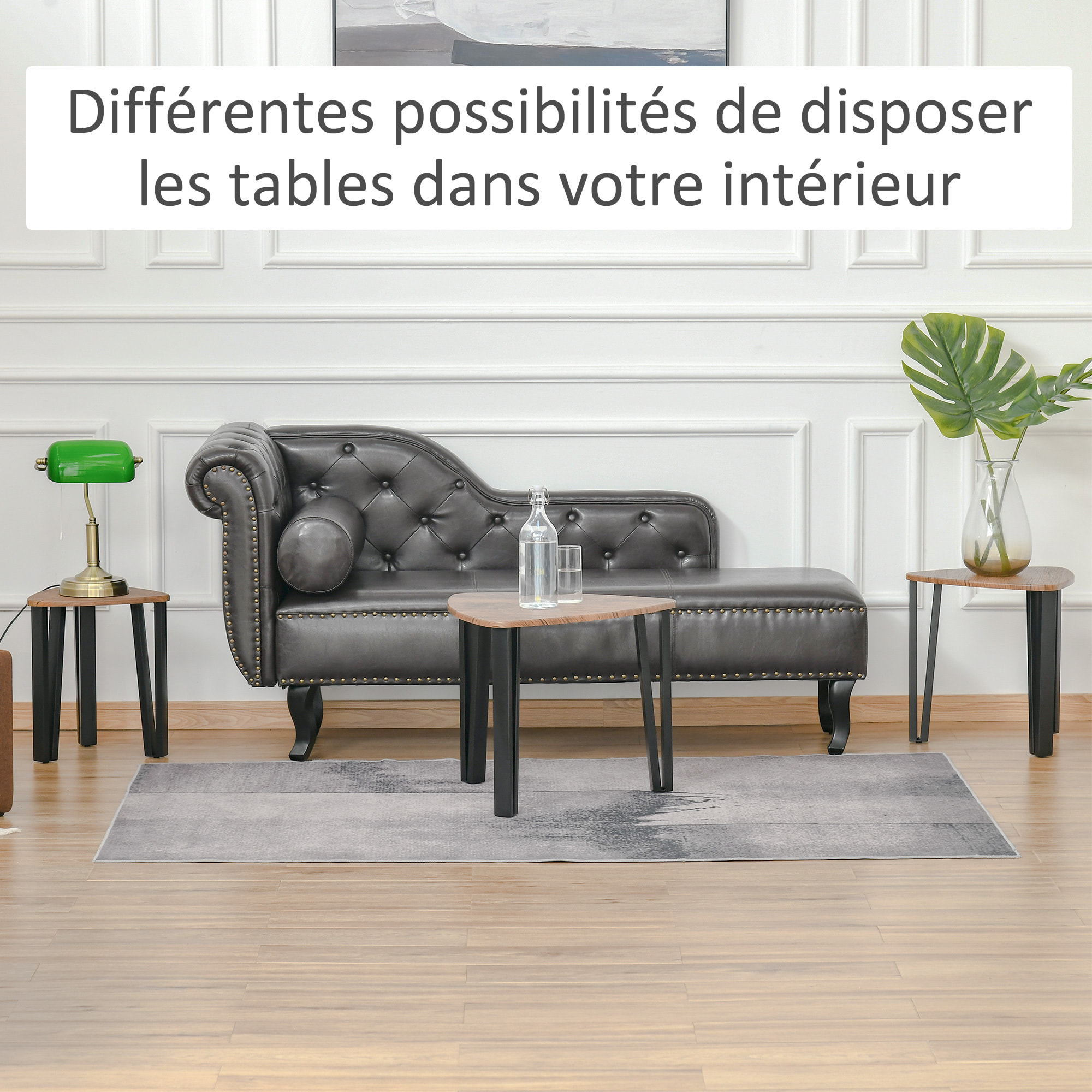 Ensemble de 3 tables basses gigognes encastrables style industriel piètements métal noir en épingle plateaux aspect bois de noyer