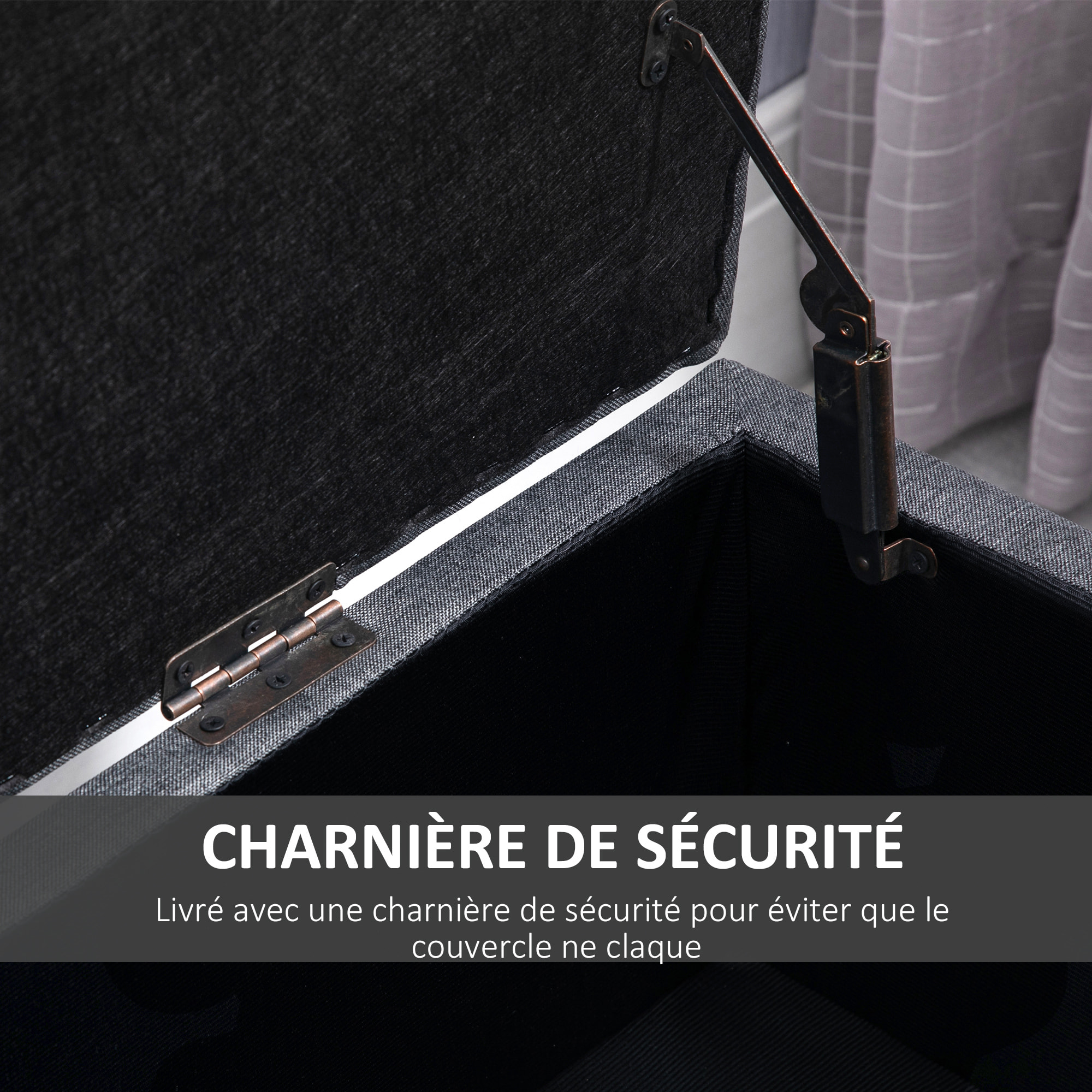 Banquette coffre de rangement style Chesterfield dim. 100 x 40 x 44 cm piètement bois noir tissu anthracite
