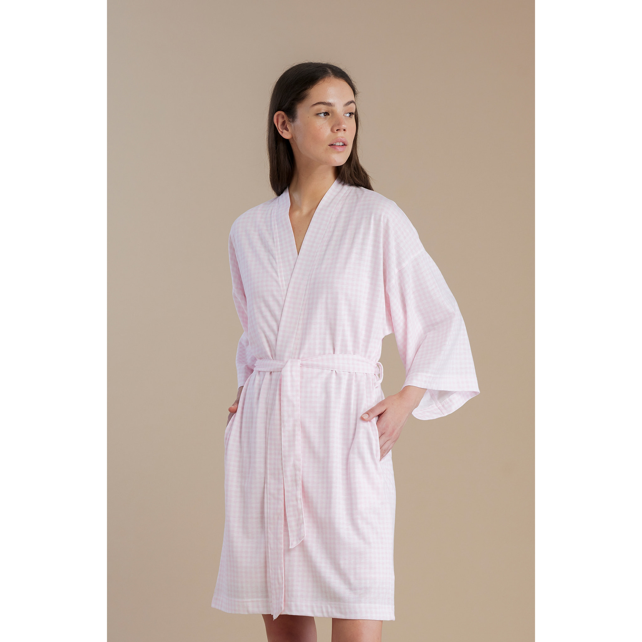 Vestaglia donna in cotone con maniche ampie e cintura in vita articolo vichy Noidinotte