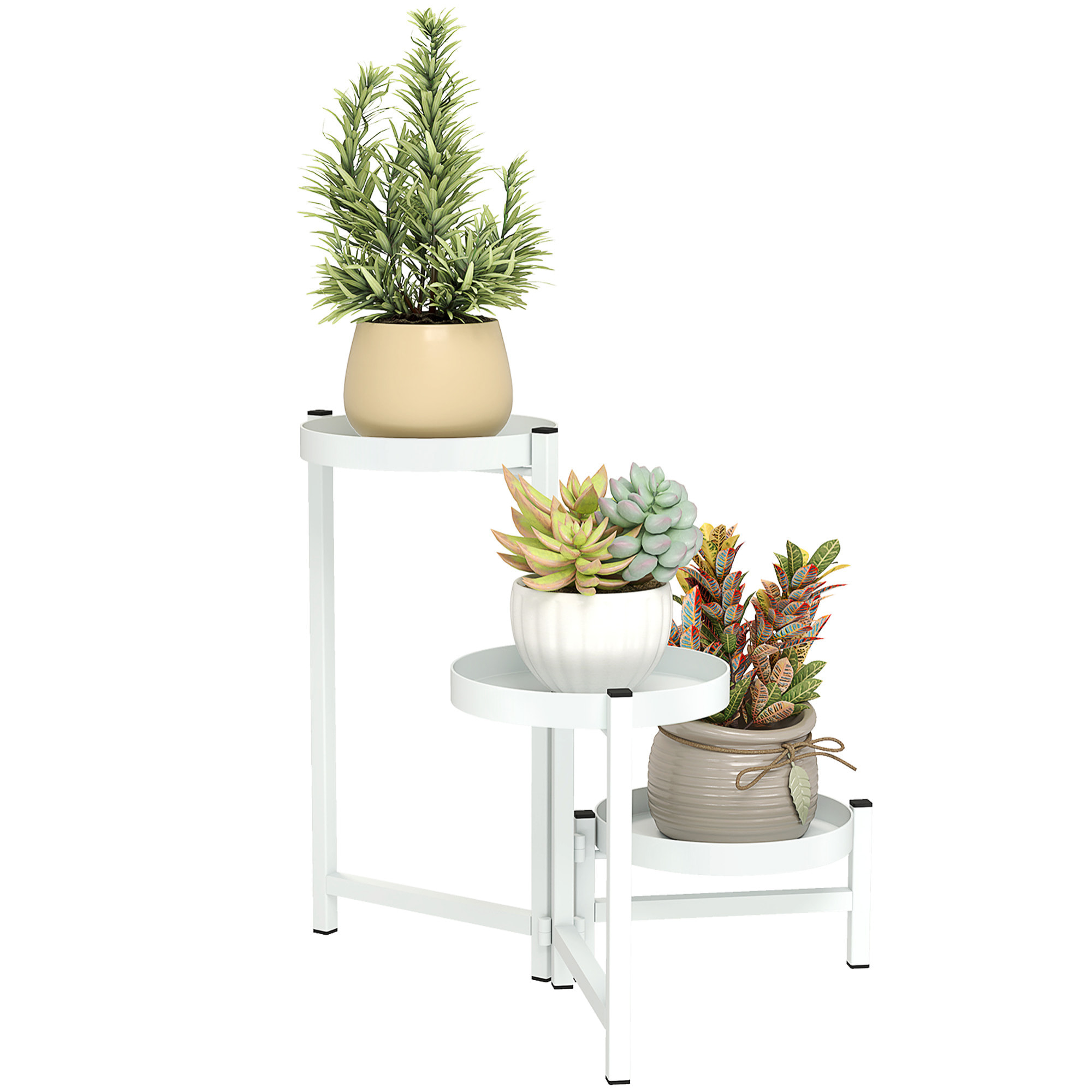 Estantería para Plantas Plegable de 3 Niveles Soporte para Plantas de Metal con 3 Estantes Redondos Soporte para Macetas para Interior y Exterior 40x40x42 cm Blanco