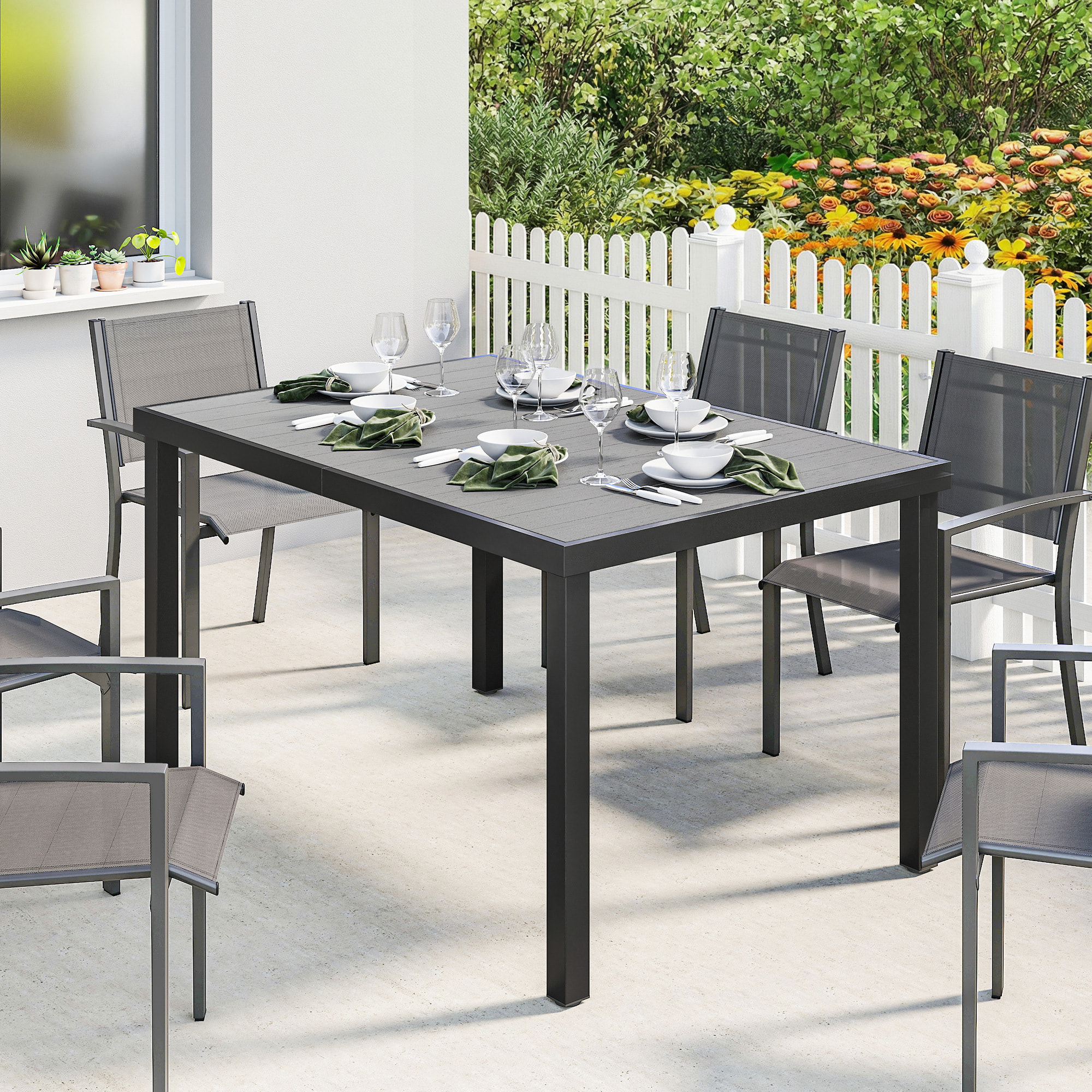 Mesa de Comedor de Jardín Rectangular, Mesa de Terraza Exterior 140x90x74 cm, con Estructura de Acero y Encimera Desmontable de WPC de Listones, Carga 50 kg, para Patio, Balcón, Gris