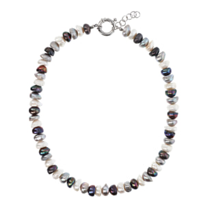 PERLAVIVA - Collana Girocollo in Argento 925 placcato Rodio con Perle a Rondella Grigie Ø 10/10.5 mm